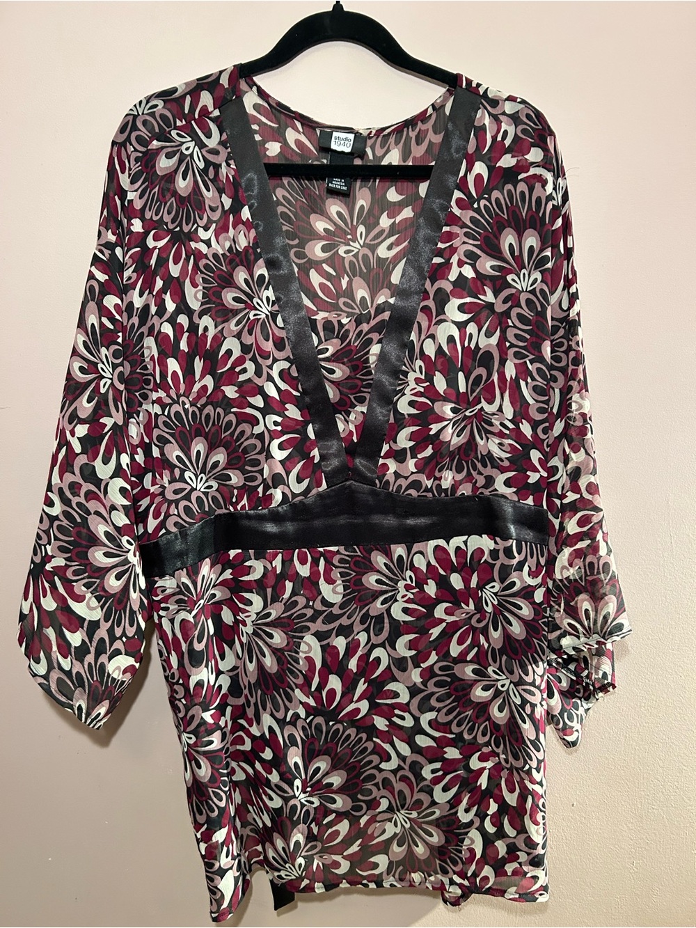 Studio Sheer V-Neck Floral Tunic in Burgundy, Cream & Black